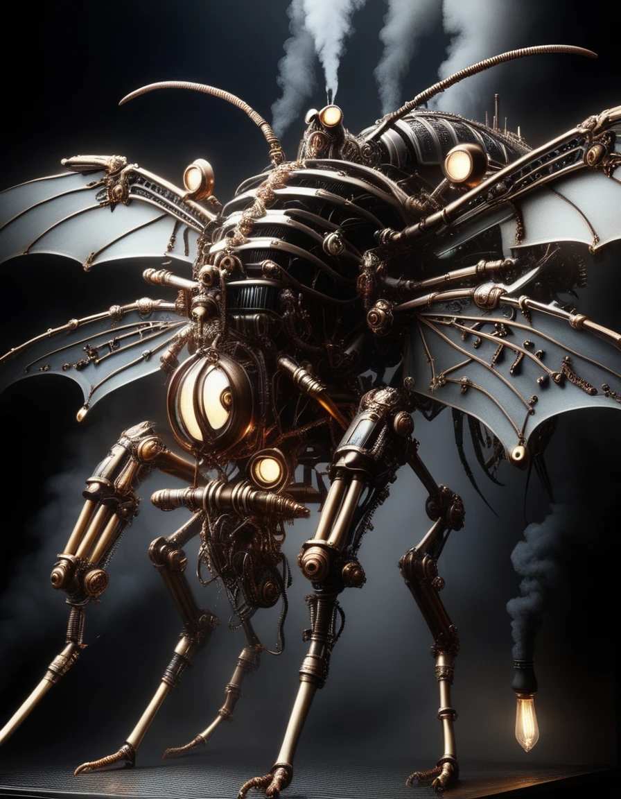 a mechanical cyberpunk cockroach, intricate gears and circuits, hexagonal metallic exoskeleton, glowing red eyes, insectoid legs with sharp claws, large folded wings, futuristic science fiction, moody dramatic lighting, dystopian industrial setting, (best quality,4k,8k,highres,masterpiece:1.2),ultra-detailed,(realistic,photorealistic,photo-realistic:1.37),cinematic composition,dark shadows,dramatic contrast,highly complex mechanical design