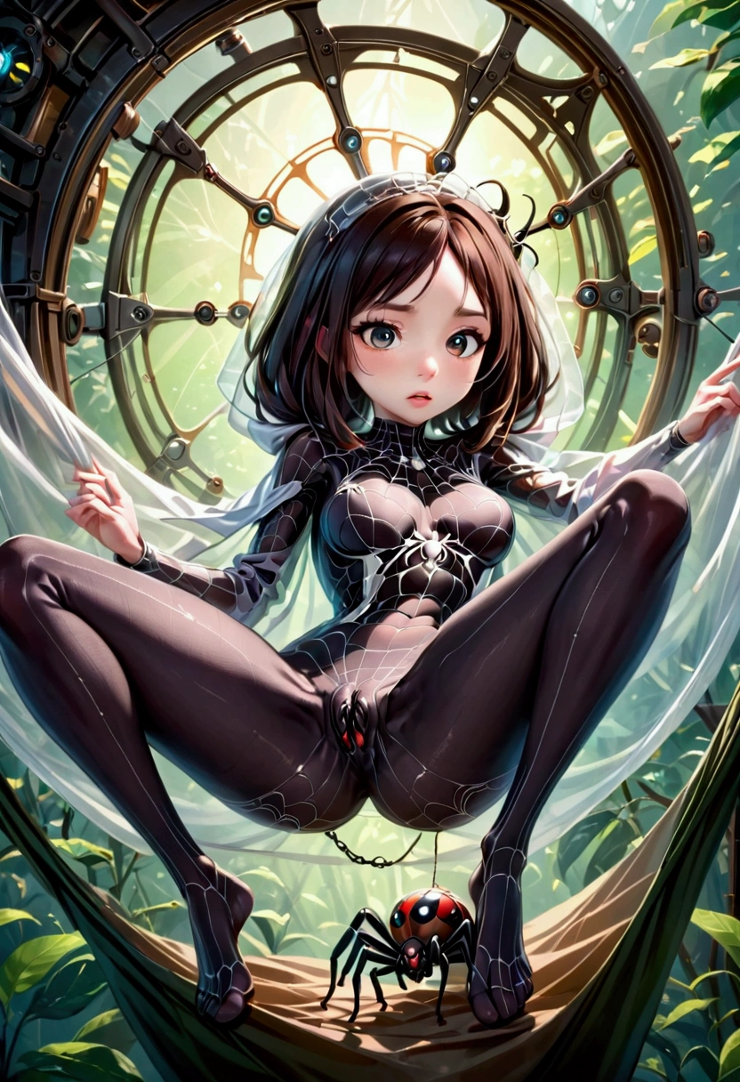 A mechanical spider spins a precise web and has a cute woman in a cocoon