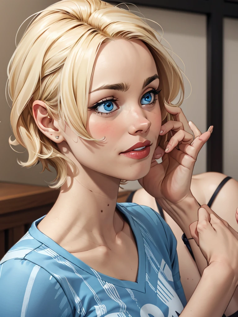 Blonde girl, with short hair, blue eyes