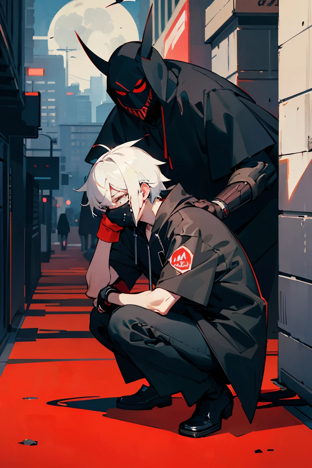 neon anime cyberpunk drawing style, white haired guy squatting in the alley, skyscrapers and moon in the background, night, he holds a bat with the inscription freak in his right hand and throws it over his head, He is dressed in a black leather raincoat, a white T-shirt with print the "Look at the Devil CRYING", and wears a black mask covering the lower half of his face, red outline