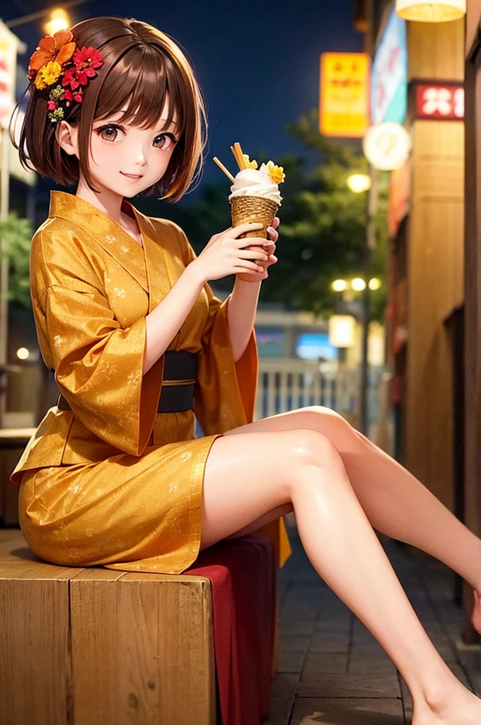 Reddish brown hair Short Hair Brown eyes Bangs beautiful girl Yellow flower hair ornament smile Yellow yukata with floral pattern Festival Night Eat ice cream
