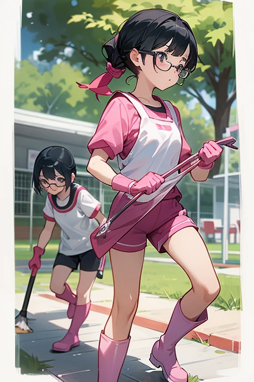 Two elementary school girls with glasses and black hair tied up, wearing short-sleeved gym clothes and shorts, wearing long pink rubber gloves and white rubber boots, are cleaning up a schoolyard in midsummer