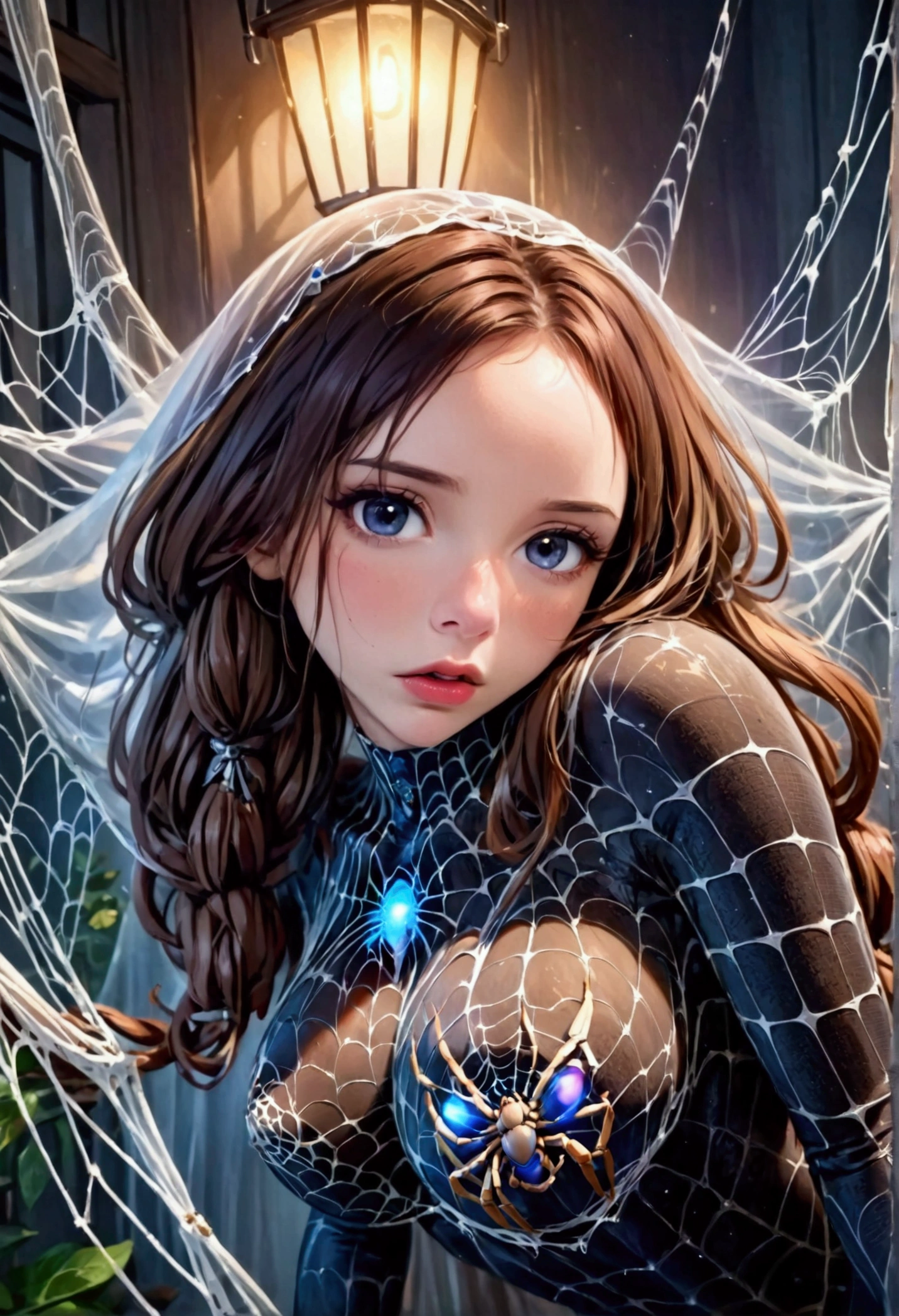 a mechanical spider, a detailed mechanical spider, a spider robot, a spider with intricate metallic limbs, a spider with precise movements, a spider weaving a complex web, a spider web with perfect geometric patterns, a spider web with mesmerizing symmetry, a spider web with incredible detail, a woman in a cocoon, a woman trapped in a silk cocoon, a woman curled up in a spider's web cocoon, a woman with a peaceful expression, a woman with flowing hair, a woman with delicate features, (best quality,4k,8k,highres,masterpiece:1.2),ultra-detailed,(realistic,photorealistic,photo-realistic:1.37),cinematic lighting, dramatic lighting, vibrant colors, intricate details, mechanical precision, organic textures, science fiction, surreal, concept art