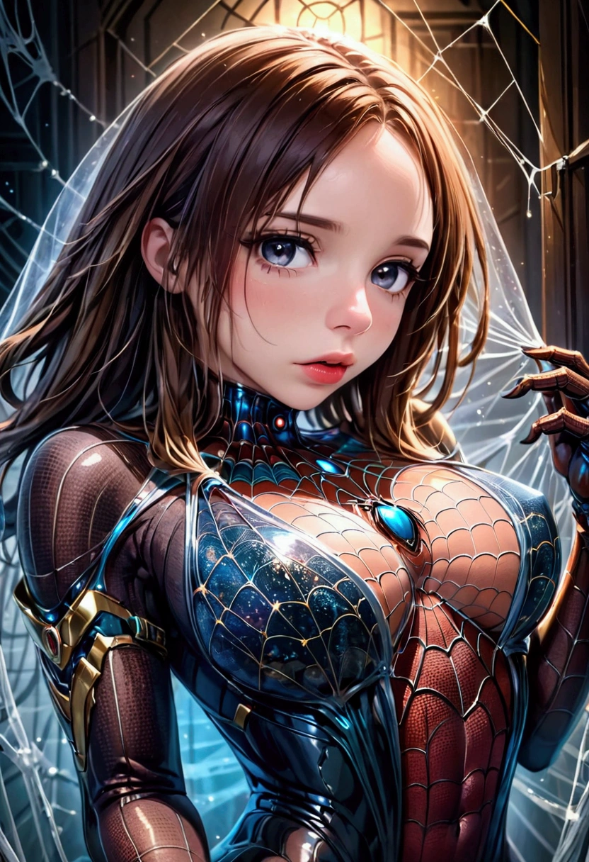 a mechanical spider, a detailed mechanical spider, a spider robot, a spider with intricate metallic limbs, a spider with precise movements, a spider weaving a complex web, a spider web with perfect geometric patterns, a spider web with mesmerizing symmetry, a spider web with incredible detail, a woman in a cocoon, a woman trapped in a silk cocoon, a woman curled up in a spider's web cocoon, a woman with a peaceful expression, a woman with flowing hair, a woman with delicate features, (best quality,4k,8k,highres,masterpiece:1.2),ultra-detailed,(realistic,photorealistic,photo-realistic:1.37),cinematic lighting, dramatic lighting, vibrant colors, intricate details, mechanical precision, organic textures, science fiction, surreal, concept art