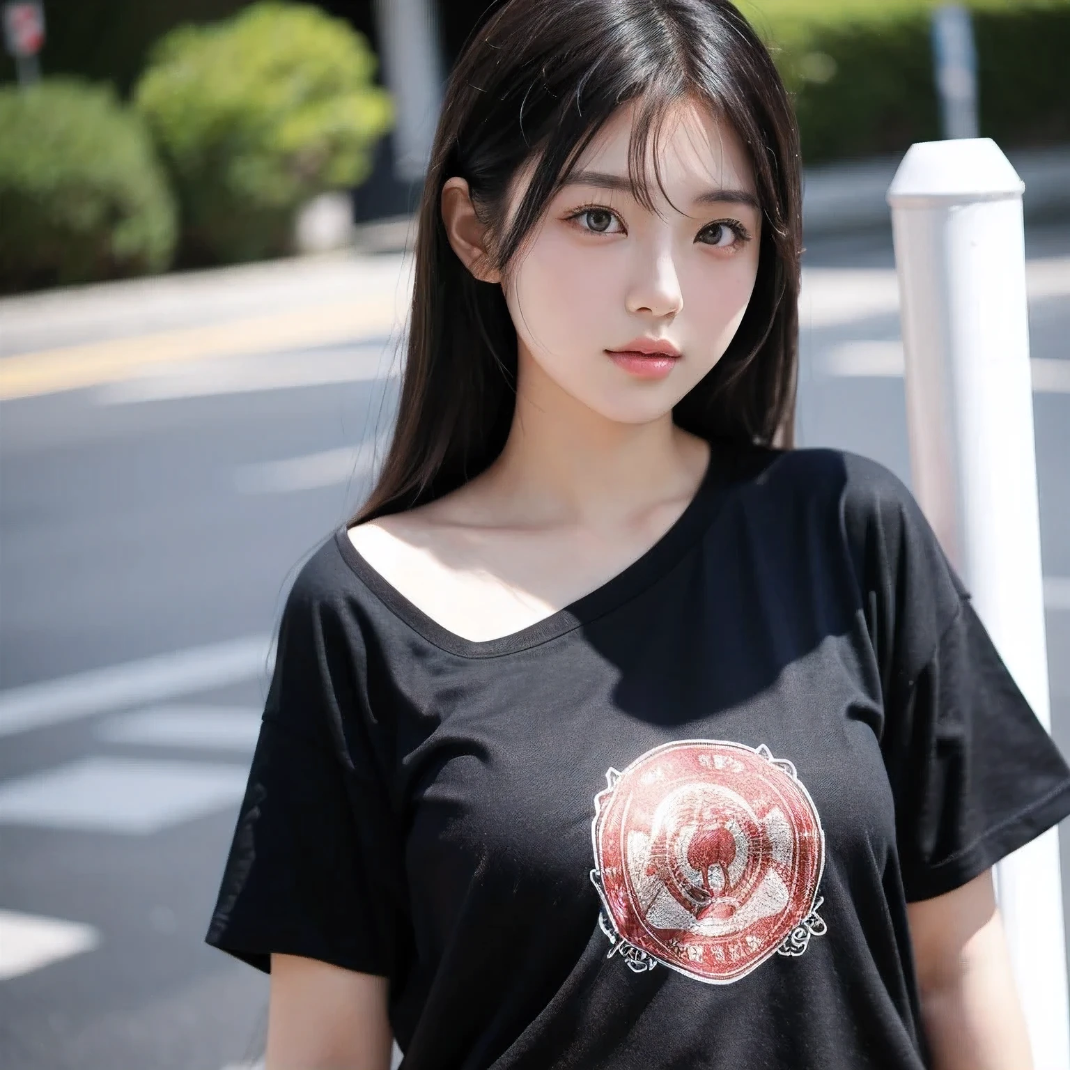 japanese girl, t shirt, huge , medium long shot,very beautiful