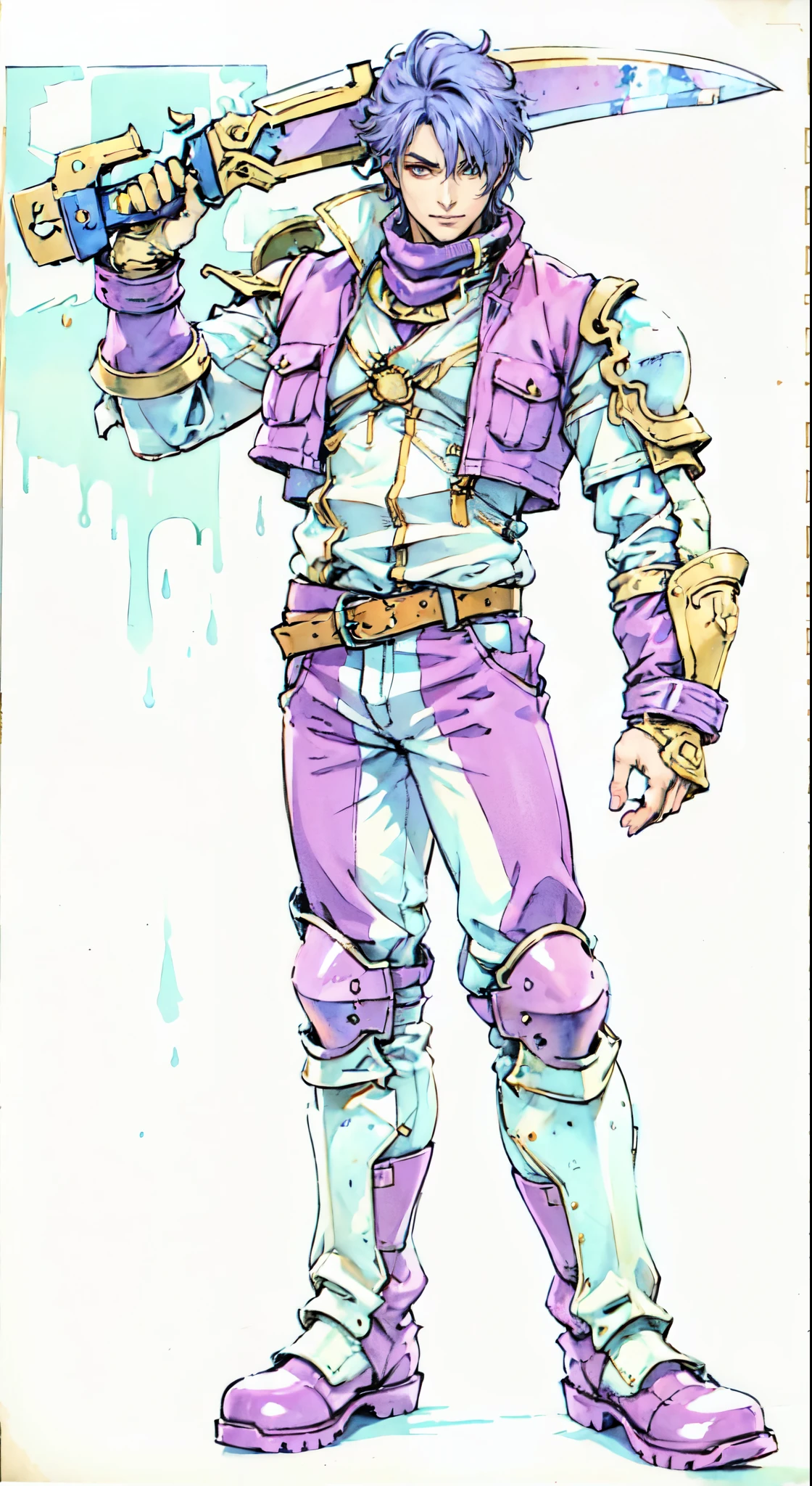 (masterpiece:1.2, best quality:1.2, extremely delicate:1.2), ((male:1.5)), a young man with short blue-purple hair, side-swept bangs covering one eye, a confident expression, a scar on the bridge of his nose, a slight smile on his lips, a dark green scarf around his neck, a fantasy-reality style rogue outfit, an open dark short vest, a layered futuristic tight armor underneath that emits a silver-blue glow, small fitted shoulder armor, matching arm guards and shin guards, a two-piece leather belt at his waist, layered canvas trousers, tall boots, he holds a serrated blade horizontally behind him with his raised right hand, standing imposingly on a windy and sandy hillside, this character embodies a finely crafted fantasy-reality-style rogue in anime style, exquisite and mature manga art style, dramatic, high definition, highres, ultra-detailed, ultra-fine painting, professional, perfect body proportions, golden ratio, anatomically correct, symmetrical face, extremely detailed eyes and face, high quality eyes, creativity, RAW photo, UHD, 32k, Natural light, cinematic lighting, (masterpiece-anatomy-perfect:1.2)