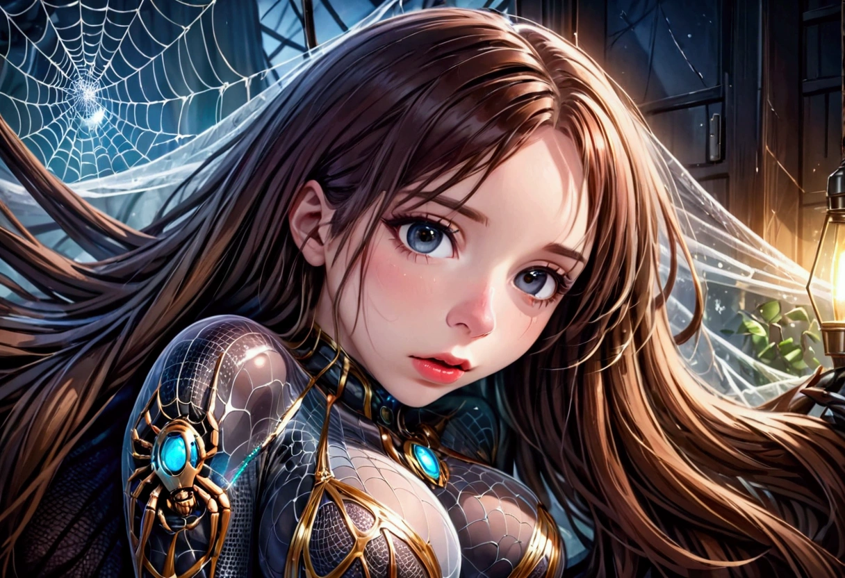a mechanical spider, a detailed mechanical spider, a spider robot, a spider with intricate metallic limbs, a spider with precise movements, a spider weaving a complex web, a spider web with perfect geometric patterns, a spider web with mesmerizing symmetry, a spider web with incredible detail, a woman in a cocoon, a woman trapped in a silk cocoon, a woman curled up in a spider's web cocoon, a woman with a peaceful expression, a woman with flowing hair, a woman with delicate features, (best quality,4k,8k,highres,masterpiece:1.2),ultra-detailed,(realistic,photorealistic,photo-realistic:1.37),cinematic lighting, dramatic lighting, vibrant colors, intricate details, mechanical precision, organic textures, science fiction, surreal, concept art

