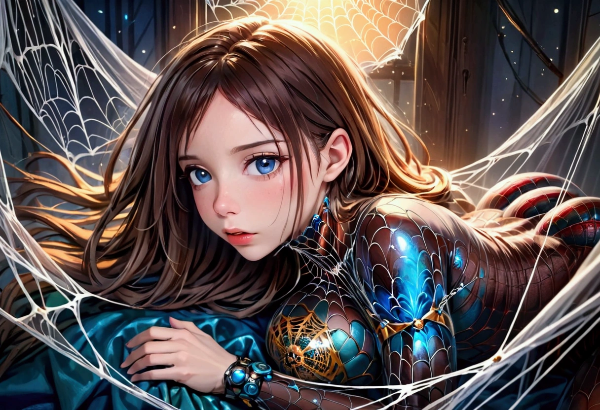 a mechanical spider, a detailed mechanical spider, a spider robot, a spider with intricate metallic limbs, a spider with precise movements, a spider weaving a complex web, a spider web with perfect geometric patterns, a spider web with mesmerizing symmetry, a spider web with incredible detail, a woman in a cocoon, a woman trapped in a silk cocoon, a woman curled up in a spider's web cocoon, a woman with a peaceful expression, a woman with flowing hair, a woman with delicate features, (best quality,4k,8k,highres,masterpiece:1.2),ultra-detailed,(realistic,photorealistic,photo-realistic:1.37),cinematic lighting, dramatic lighting, vibrant colors, intricate details, mechanical precision, organic textures, science fiction, surreal, concept art