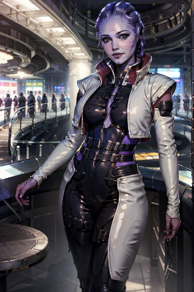 (masterpiece, best quality:1.3) MEAria, Christina Chong beautiful face, narrowed eyes. smirk. black braided hair,, solo, alien, breasts, looking at viewer, smile, medium breasts, standing, full body, high heels, alien, lips, hand on hip, bodysuit, colored skin, cropped jacket, nose, bald, purple skin, purple lips, spotlight
