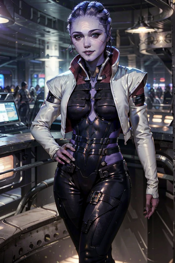 (masterpiece, best quality:1.3) MEAria, Christina Chong beautiful face, narrowed eyes. smirk. black braided hair,, solo, alien, breasts, looking at viewer, smile, medium breasts, standing, full body, high heels, alien, lips, hand on hip, bodysuit, colored skin, cropped jacket, nose, bald, purple skin, purple lips, spotlight
