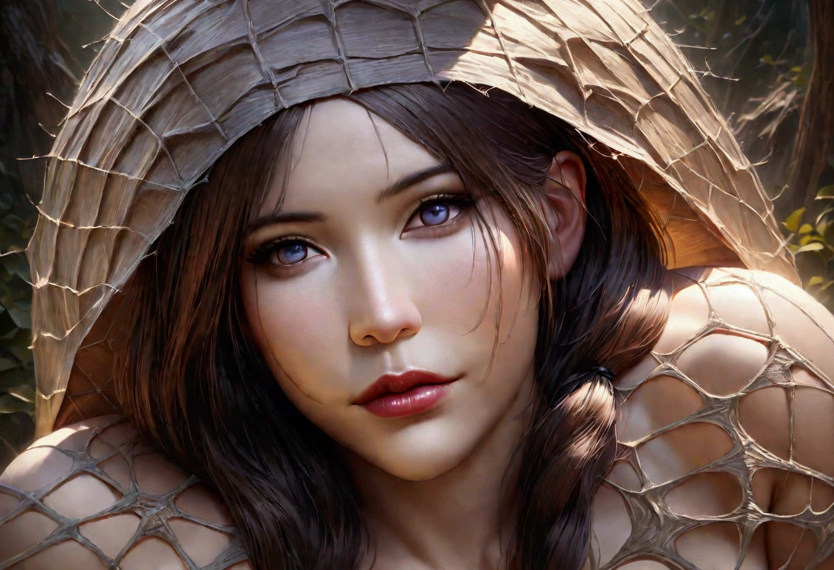 a mechanical spider, a detailed mechanical spider, a spider robot, a spider with intricate metallic limbs, a spider with precise movements, a spider weaving a complex web, a spider web with perfect geometric patterns, a spider web with mesmerizing symmetry, a spider web with incredible detail, a woman in a cocoon, a woman trapped in a silk cocoon, a woman curled up in a spider's web cocoon, a woman with a peaceful expression, a woman with flowing hair, a woman with delicate features, (best quality,4k,8k,highres,masterpiece:1.2),ultra-detailed,(realistic,photorealistic,photo-realistic:1.37),cinematic lighting, dramatic lighting, vibrant colors, intricate details, mechanical precision, organic textures, science fiction, surreal, concept art