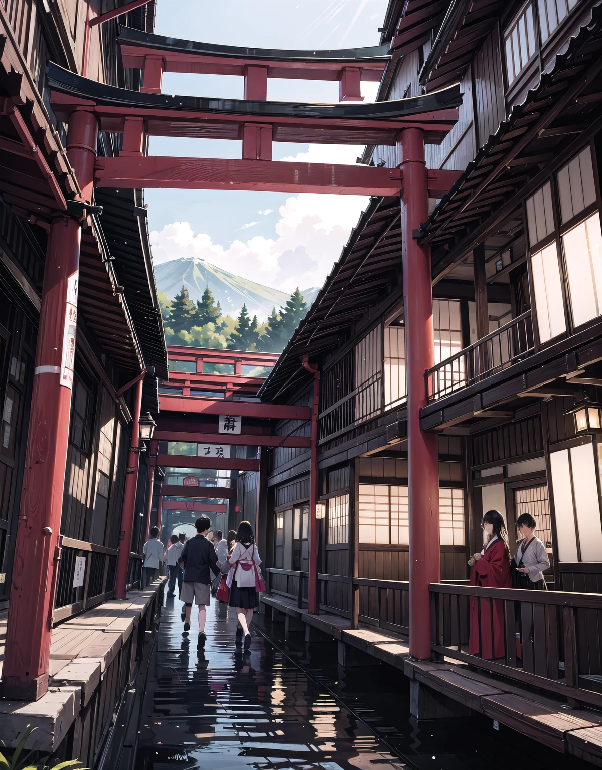 People crossing a Japanese-style bridge