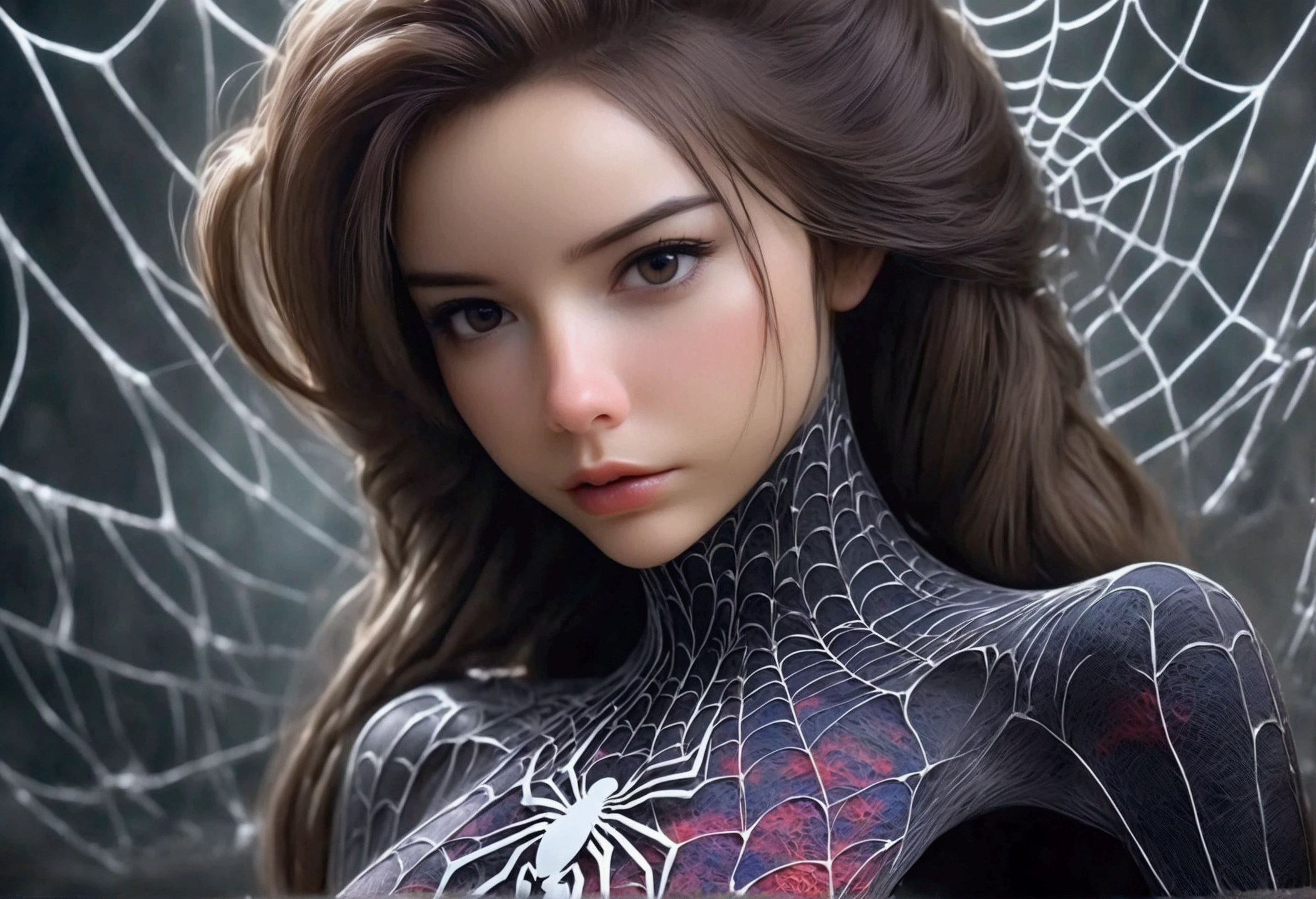 a mechanical spider, a detailed mechanical spider, a spider robot, a spider with intricate metallic limbs, a spider with precise movements, a spider weaving a complex web, a spider web with perfect geometric patterns, a spider web with mesmerizing symmetry, a spider web with incredible detail, a woman in a cocoon, a woman trapped in a silk cocoon, a woman curled up in a spider's web cocoon, a woman with a peaceful expression, a woman with flowing hair, a woman with delicate features, (best quality,4k,8k,highres,masterpiece:1.2),ultra-detailed,(realistic,photorealistic,photo-realistic:1.37),cinematic lighting, dramatic lighting, vibrant colors, intricate details, mechanical precision, organic textures, science fiction, surreal, concept art