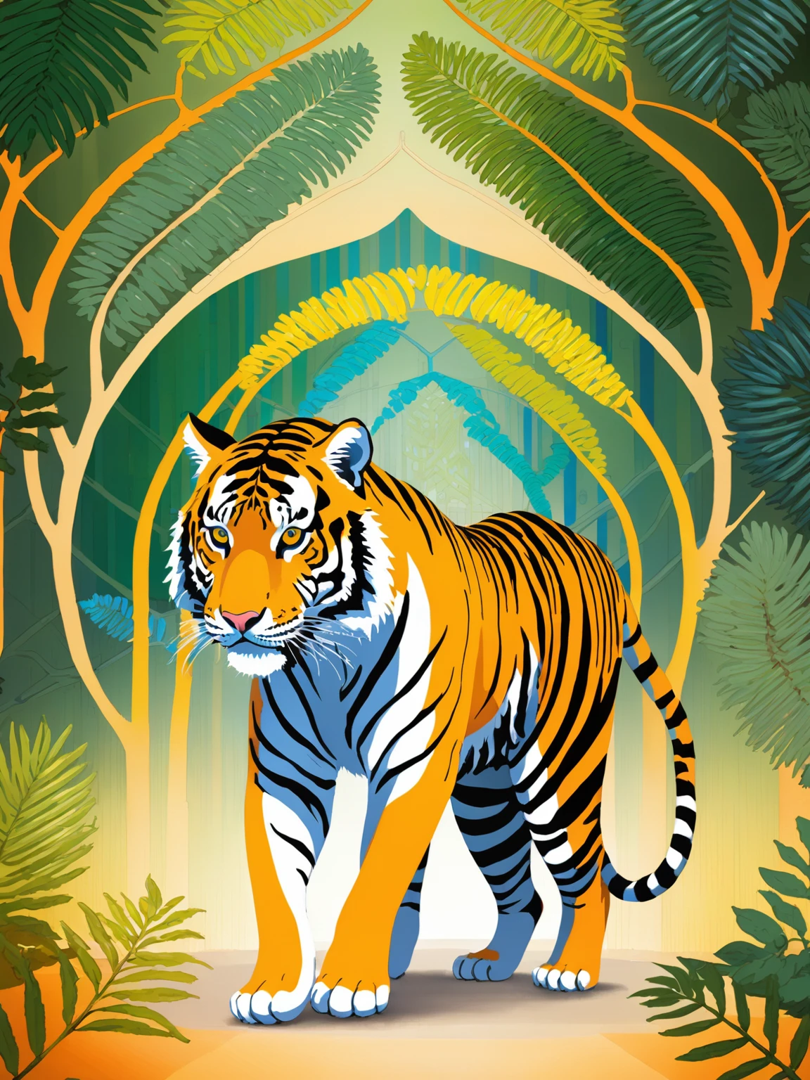 one tiger, its stripes turned into mesmerizing spirals ral-frctlgmtry, every movement is a study in geometric grace. The jungle behind artfully blurred