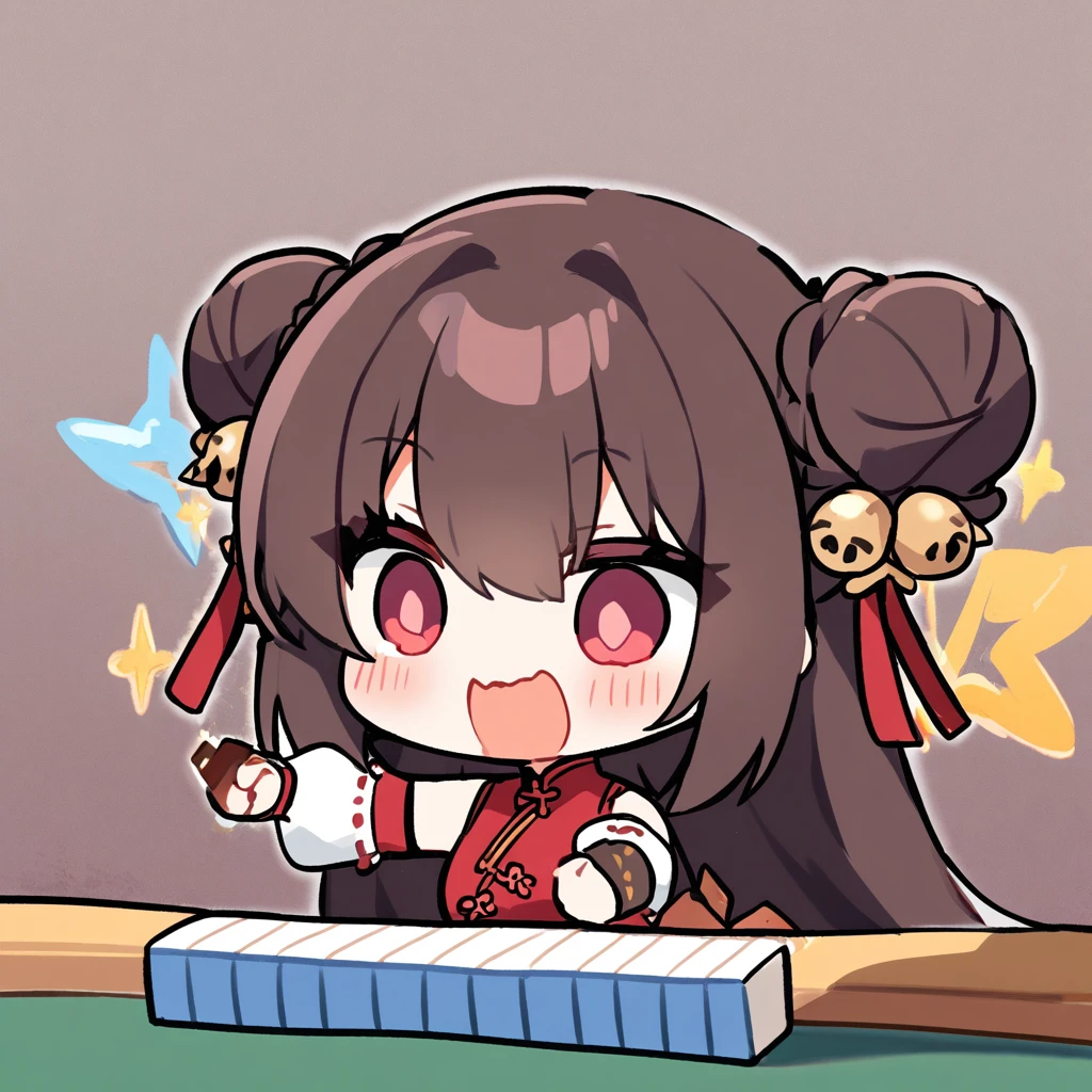 A girl in a red Chinese dress playing mahjong、Knock down a mahjong tile、Chibi Character、Bun Head、