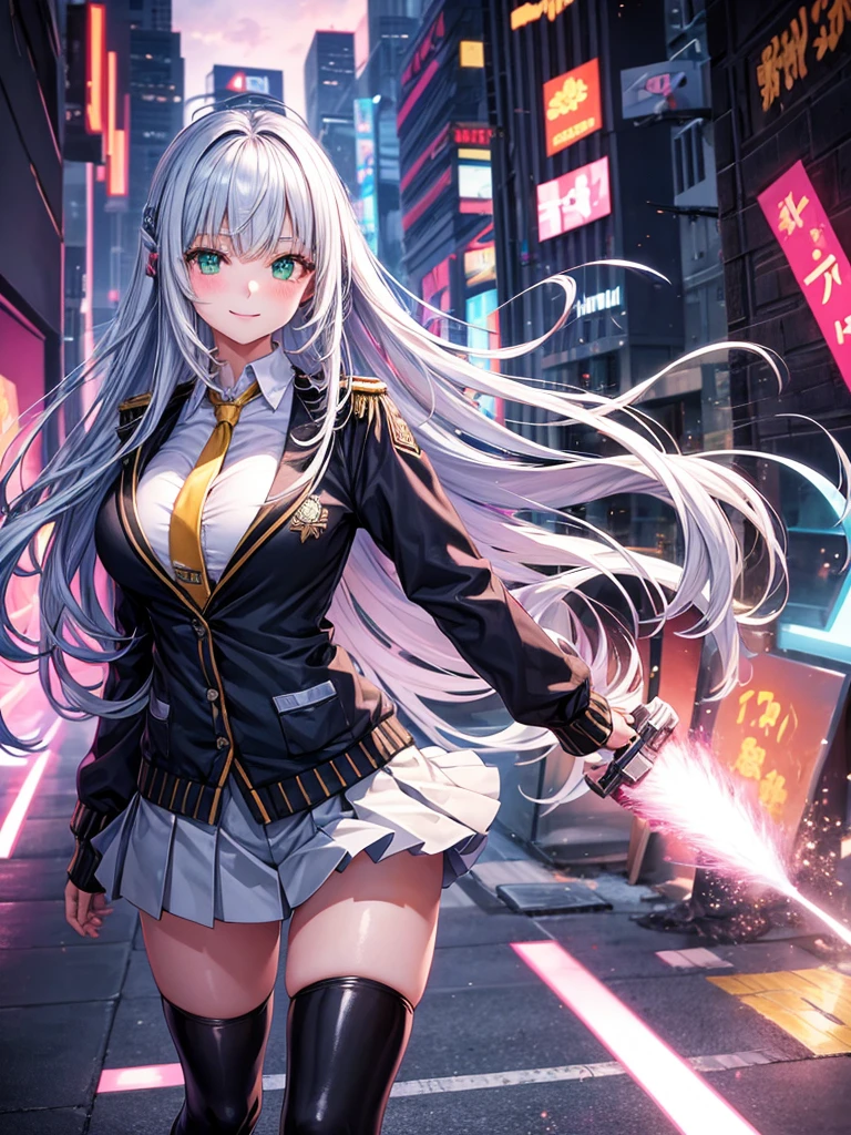 middle School girls，smile，Beautiful girls，Beautiful girl from another world，Gun of the Future，Girl holding a giant bazooka in her hand，The best quality to get you horny，Psychic，Wizard，battle，Colorfulな髪色，Perfect Girl，Super cute girl，Cyberpunk Background，Cute uniform，Uniform of the Future，Wearing a cardigan，Long Hair、Sparkling eyes，She has her bangs down，Colorful，Ultra HD，Young girl，sex，Green Eyes，Naughty Girls，Full body image，Big Breasts，Beautiful Girl&#39;s Paradise，Fashion Girl，Naughty Girls，Beautiful Girl Country，High-dimensional beautiful girl，A beautiful girl who transcends everything，So beautiful，Absurd，Beautiful girls，