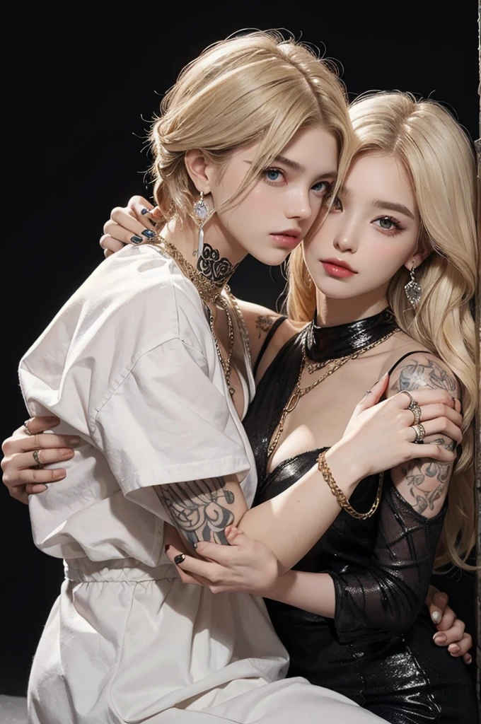 a blond man, a man with dark white hair, they are both kneeling, They are hugging each other, the blonde man is dressed like a tattooed rapper wearing a chain cap and no shirt, The man with dark white hair is dressed in shiny clothes that are made up of diamonds and other jewels. He is wearing bracelets, chains around his neck, rings on his fingers and earrings., pretty faces, very detailed faces,  gorgeous eyes, seductive mouths, perfect faces, black backdrop