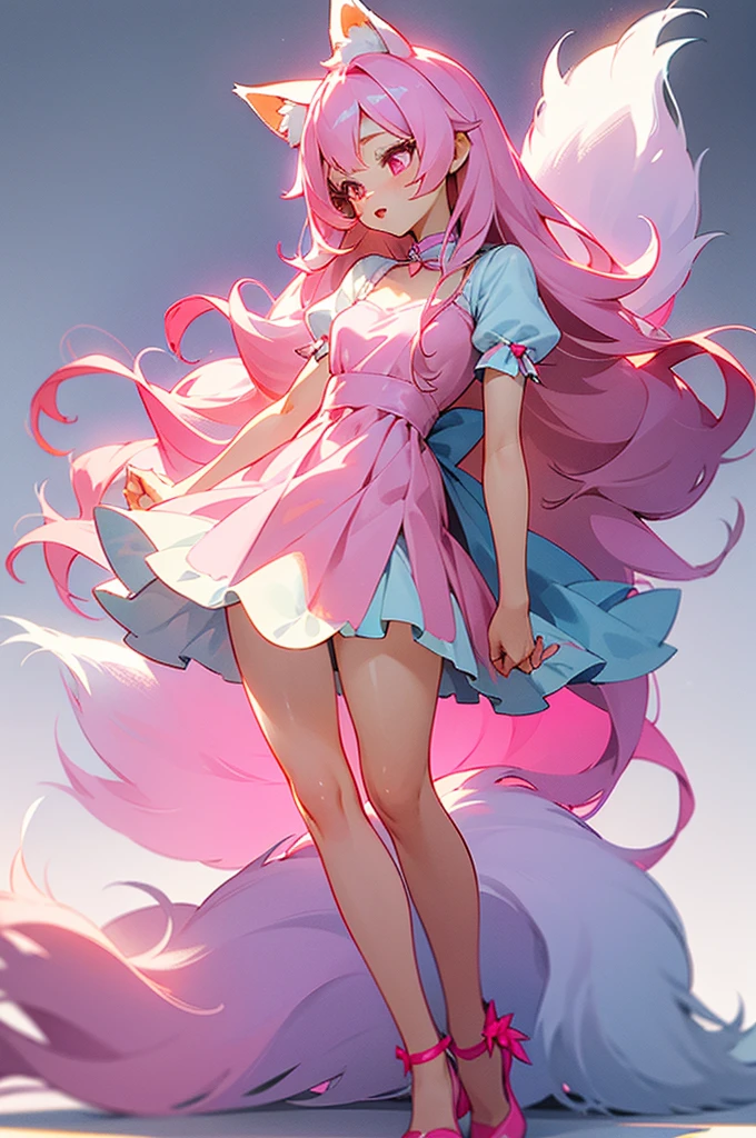 Happy young girl, with wolf ears and pink hair, holding her cheeks, wolf tail, wearing a latex dress, looking at veiwer, full body, you can see her chest, naked breasts