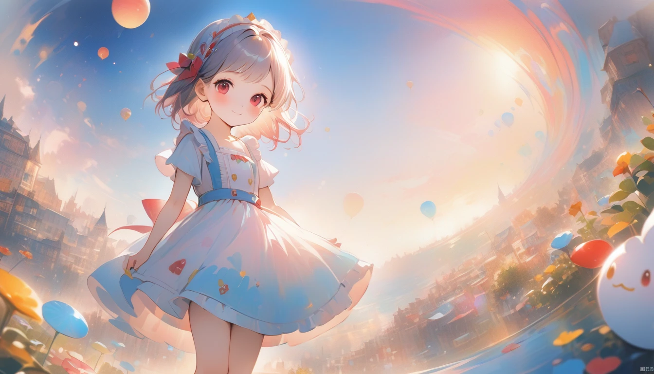 woman\(cute,Small ,10 years old,Eyes of the Universe,alice in wonderland dress,whole body,smile,skirt,Red eyes,White Hair,Short Bob,quality\(8k,非常に精細なCGユニットのwallpaper, masterpiece,High resolution,top-quality,top-quality real texture skin,Surreal,Increase the resolution,RAW Photos,最高quality,Very detailed,wallpaper,Cinema Lighting,Ray-tracing,Golden Ratio\),Fairyland