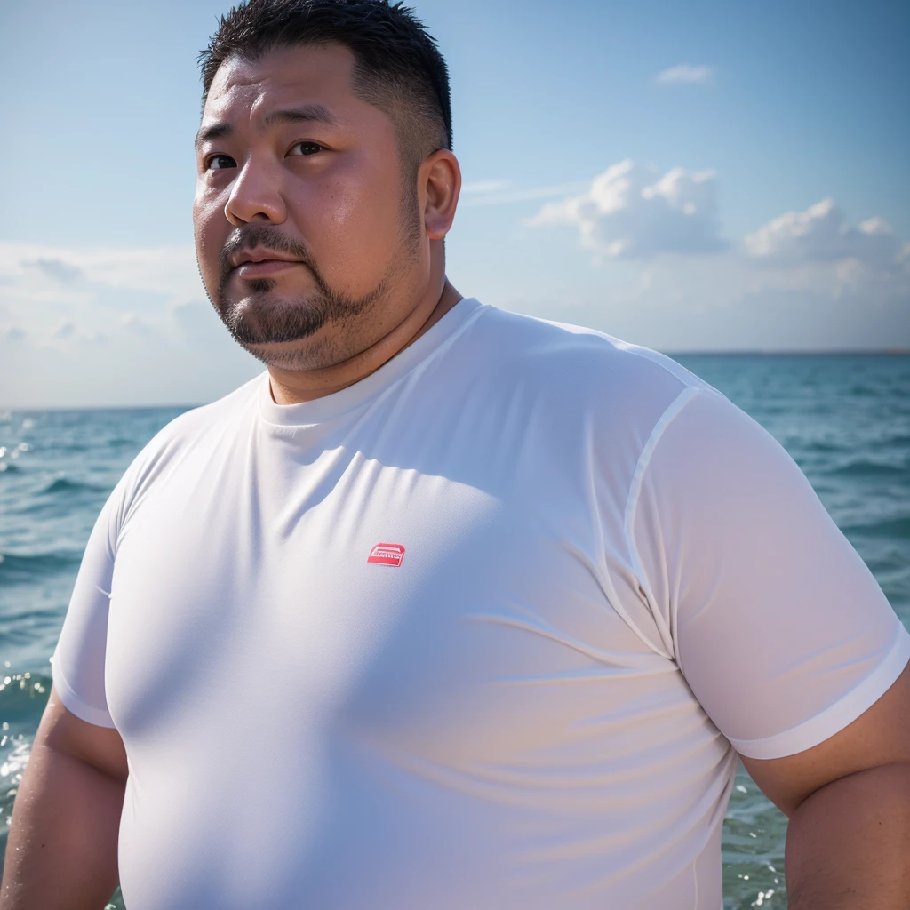 high quality,ultra detailed,best quality,Fat man, 40 years old,detailed face,A white shirt that is see-through with sweat,Sweaty,chubby,fat,japanese, standing in the sea, Head shot.