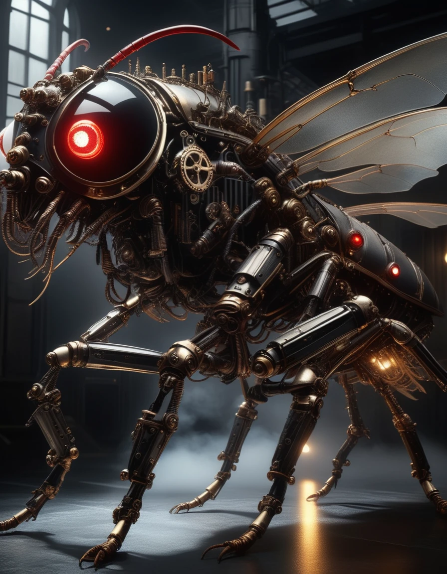 a mechanical cyberpunk cockroach, intricate gears and circuits, hexagonal metallic exoskeleton, glowing red eyes, insectoid legs with sharp claws, large folded wings, futuristic science fiction, moody dramatic lighting, dystopian industrial setting, (best quality,4k,8k,highres,masterpiece:1.2),ultra-detailed,(realistic,photorealistic,photo-realistic:1.37),cinematic composition,dark shadows,dramatic contrast,highly complex mechanical design