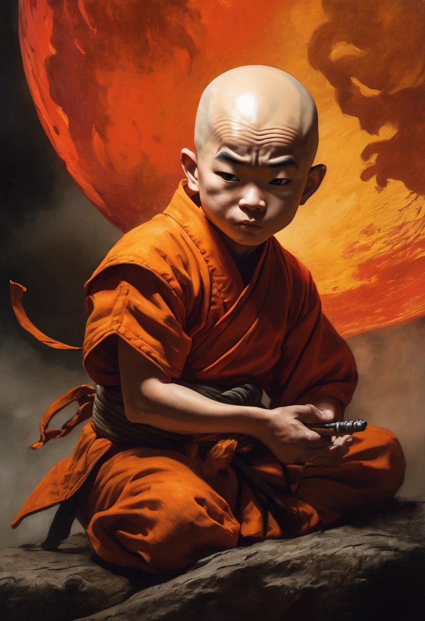 Little Shaolin monk Krillin from Dragon Ball. In the style of Stephen Gammell, Frank Frazetta. Ashley Wood is a masterpiece. Best quality. Beautiful cinematic impressionistic painting, dark scarlet background, chemiluminescence. (anime Dragon Ball (Kurilin) ​​fairytale background) (Minimalism:1), original details. Ideal body anatomy.
Perfect Composition, Insanely Beautiful Detailed Octane Rendering, Artstation Trend, 8k Fine Art Photography, Photorealistic Concept Art, Programmed Natural Volume, Cinematic Perfect Light, Chiaroscuro, Award Winning Photography, Masterpiece, Oil on Canvas, Raphael, Caravaggio, Greg Rutkowski, Beeple, Beksinski,
Giger, Ultra HD, Lifelike, Vibrant Colors, High Detail, UHD Image, Pen and Ink, Perfect Composition, Beautifully Detailed Complex