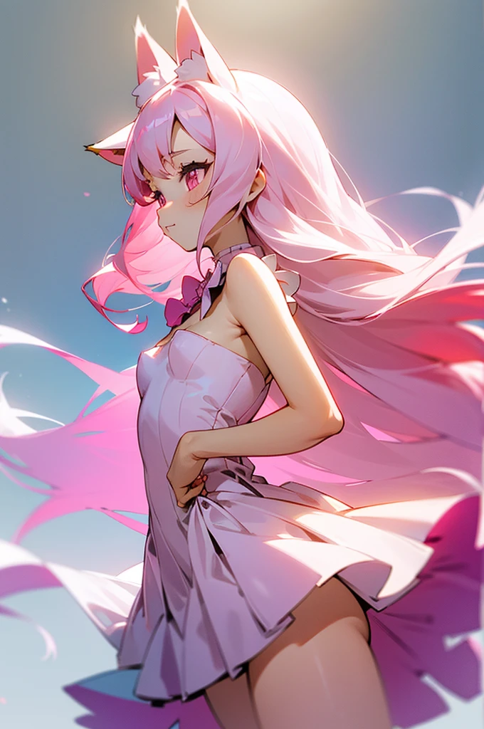 fox girl, fluffy fox tail, fox girl, body, with long pink hair, flowy hair, majestic, beautiful, goddess, long hair, pink eyes, short white dress, pleated dress, mini dress, sundress, revealing clothing, side cut, exposed thighs, sexy, princess, exposed, exposed thighkawaii, Masterpiece, Playboy model body, small breasts, teen, cute, lolita fashion, soft lolita, pastel colors, soft colors, gentle colors,