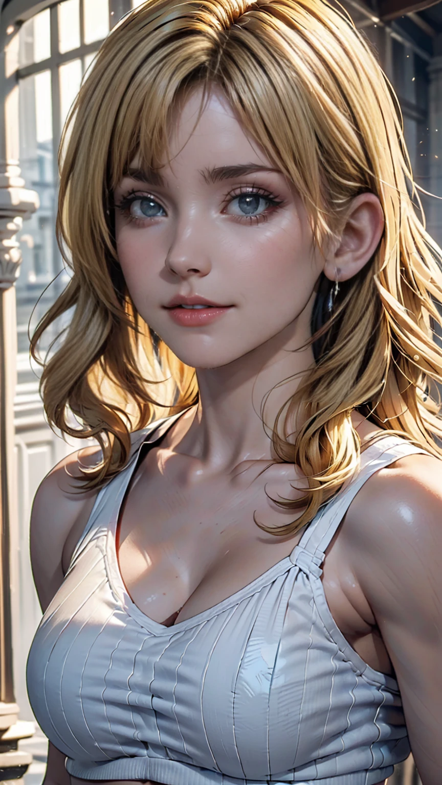 ((Highest quality, 8k, masterpiece: 1.3)), whole body, Clear Focus: 1.2, Outstanding beauty: 1.4, Slim Abs: 1.2, ((blonde, big: 1.2)), Black tank top, Highly detailed face and skin texture, Detailed eyes, double eyelid