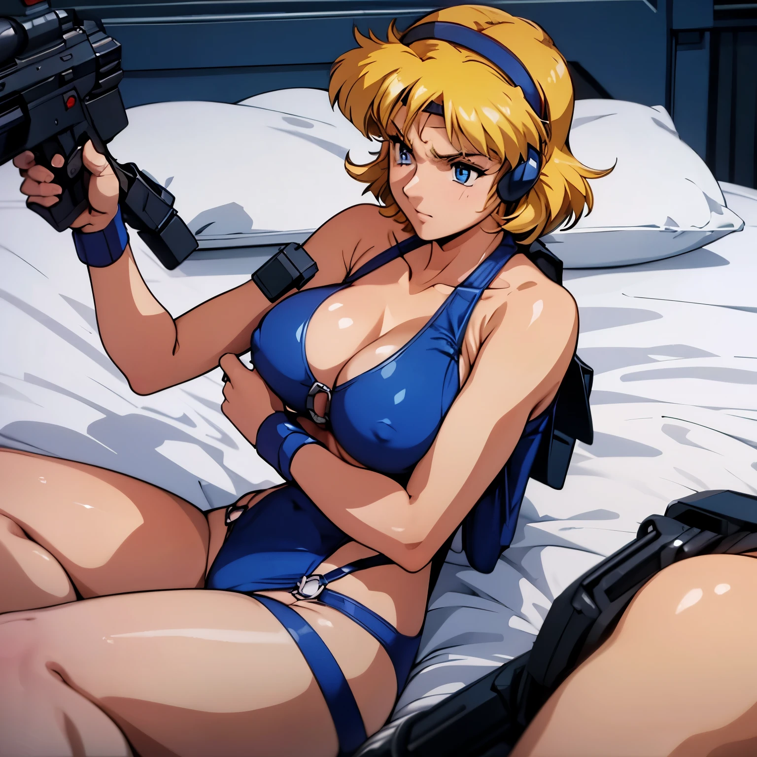 Imperial Guard Combat Uniform Swimsuit, o-ring bikini, v gundam, swimsuit, absurdres, highres, solo, cowboy shot, 1girl, neneka nibrou \(cosplay\), wristband, headphone, holster, backpack, holding gun, aiming, perfect hands, wind, (highres,best_quality,masterpiece), large breast, huge breast, ryune, blonde_hair, blue eyes, blue_headband, (((lying down on bed, bed, lying down)))