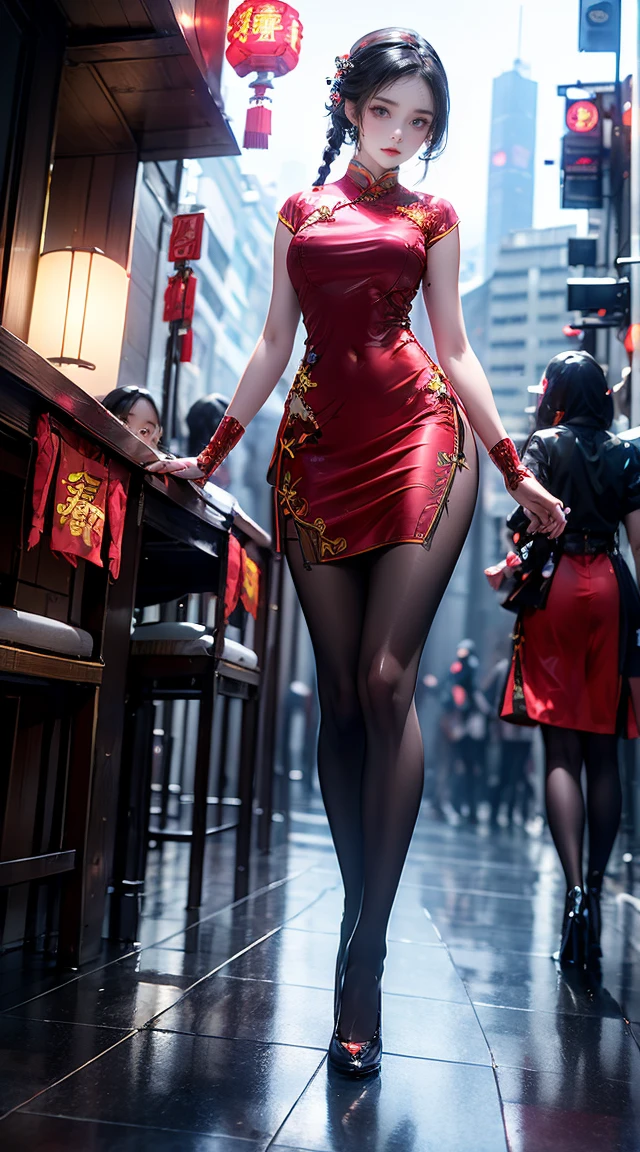 masterpiece,Best quality,high resolution, 1 busty girl,From below,(The legs are very thin and straight)，,(Very long legs，Straight Legs),,High heel,Long Law,stand up, Leg length from the front, Perfect body,Have perfect legs，Cyberpunk Characters，Dynamic poses，1 busty girl，Exquisite eyes，Brown eyes，Eyeshadow，make up，Long gray hair， Delicate face， Delicate eyes， Looking at the audience， Blush Blush， Full lips， Red lips，（Long gray hair：1.3）， （stand up）Mechanical static，Mechanical Summoning，(Hair accessories:1.1)，hat，((((Red cheongsam))))，(black，pantyhose garters)，City，Luminous winding，Glowing Butterfly，Cyberpunk Lights:1.1)，Neon lights，Full of mechanical and futuristic elements，technology，背景是中国传统street，China Town， street， sky sky， Cyberpunk Characters， paper lantern， Neon Super Resolution，（Reality：1.3），1（Slim：1.2），Dramatic Lighting，Vivid details，Luxury Cyberpunk，Complex background，Rendered by Octane，,Fox Girl，Huge breasts，High heel
