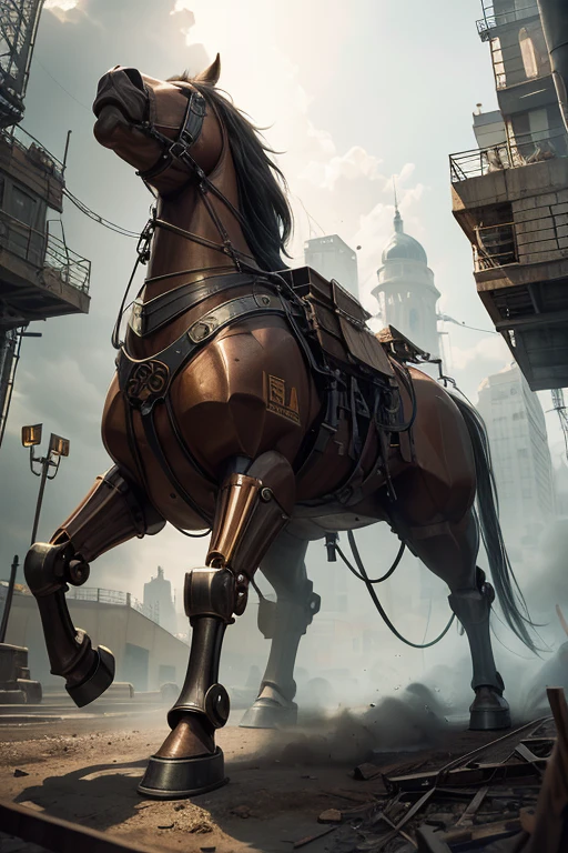 Mechanical Giant Horse, gears, wires, metal plating, clock gears, electric wires, mechanical limbs, industrial body, metal skin, electricity, detailed face features, bronze light eyes, copper tubing, steam powered, photorealistic, 8k, high resolution, Transformers Grindor