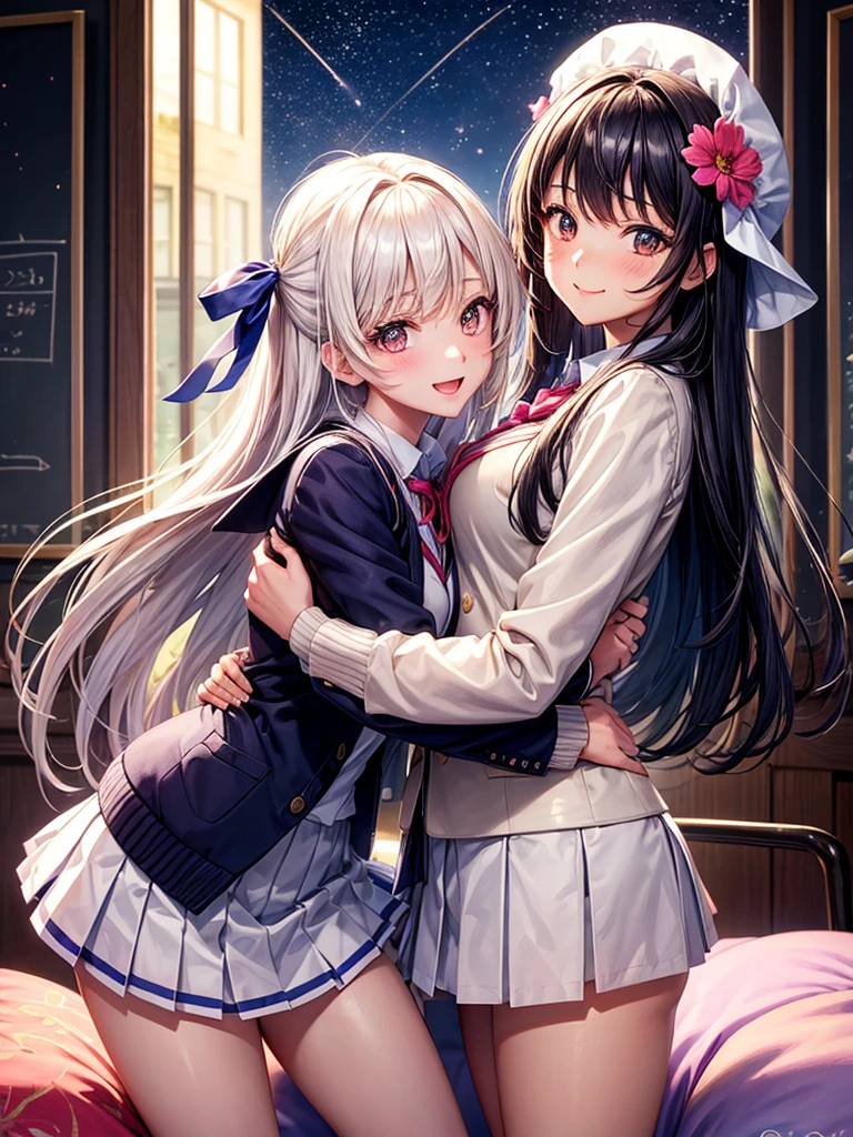 best quality，，smile，blazer，swimsuit，nepal，School，classroom，High-dimensional beautiful girl，Multidimensional beautiful girl，Several girls are depicted，They are hugging each other，Colorful，Different world，Collective of girls，JK，A girl taking off her uniform，future，Sexy and cute，New generation，futureの制服，Ribbon on uniform，Evolution of fashion，middle School girlultiple girls are depicted,harem，idol group，starry sky background，photo shoot，long hair，wearing a cardigan，beautiful girlの国，girl&#39;s paradise，highest quality，big breasts，leather jacket，happy girl,horny girl，Blue eyes，perfect face，standing position，She has her bangs down，fur jacket,Beautiful eyes，smooth hair，perfect eyes，beautiful girl，Angel，Angel Girl，multicolored hair colors，naughty girl，beautiful，High-dimensional beautiful girl，Multidimensional beautiful girl，hoodie，leather jacket，gathering，Group、，