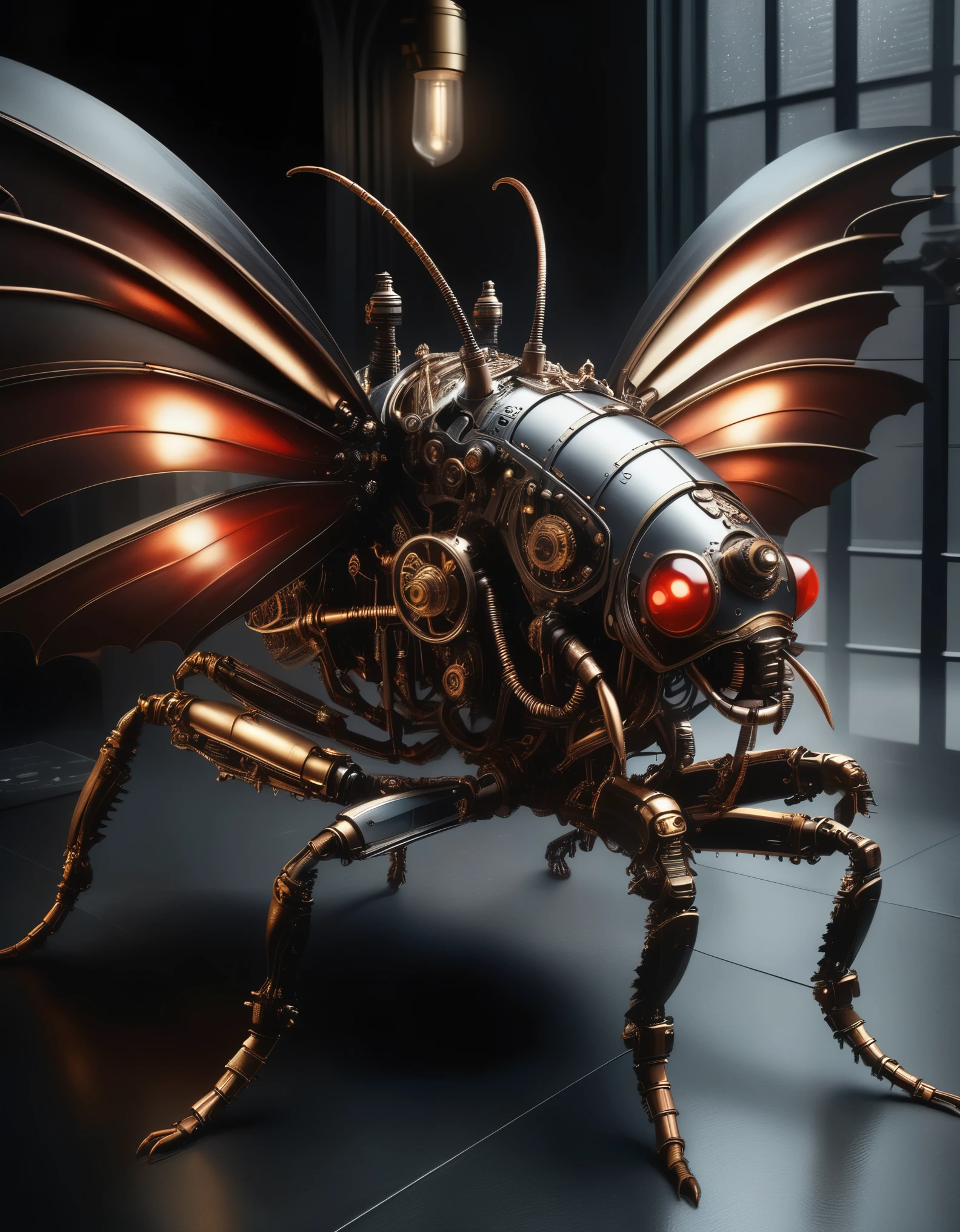 a mechanical cyberpunk cockroach, intricate gears and circuits, hexagonal metallic exoskeleton, glowing red eyes, insectoid legs with sharp claws, large folded wings, futuristic science fiction, moody dramatic lighting, dystopian industrial setting, (best quality,4k,8k,highres,masterpiece:1.2),ultra-detailed,(realistic,photorealistic,photo-realistic:1.37),cinematic composition,dark shadows,dramatic contrast,highly complex mechanical design