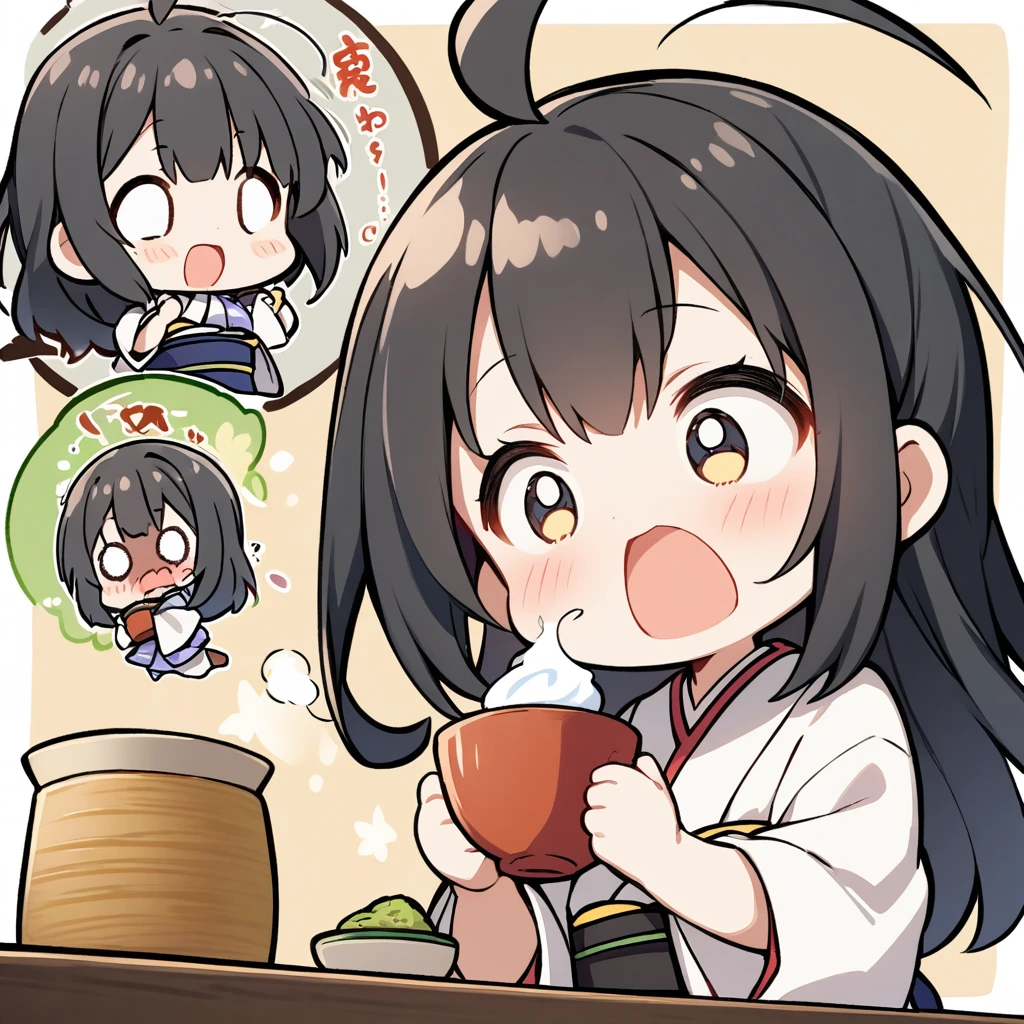 A girl in a kimono is surprised、Offering Japanese tea、Chibi Character、Ahoge、Black Hair、