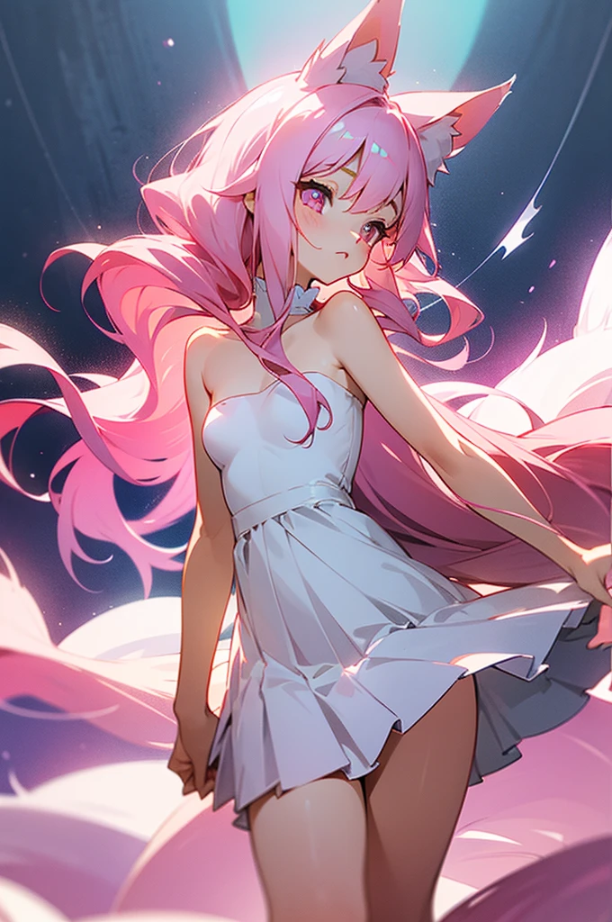 fox girl, fluffy fox tail, fox girl,  body, with long pink hair, flowy hair, majestic, beautiful, goddess, long hair, pink eyes, short white dress, pleated dress, mini dress, sundress, revealing clothing, side cut, exposed thighs, sexy, princess, exposed, exposed thighkawaii, Masterpiece, Playboy model body, small breasts, teen, cute, lolita fashion, soft lolita, pastel colors, soft colors, gentle colors,