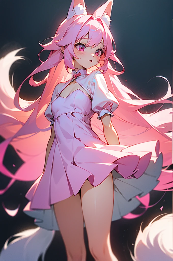 fox girl, fluffy fox tail, fox girl, body, with long pink hair, flowy hair, majestic, beautiful, goddess, long hair, pink eyes, short white dress, pleated dress, mini dress, sundress, revealing clothing, side cut, exposed thighs, y, princess, exposed, exposed thighkawaii, Masterpiece, Pladel body, small breasts, tte, lolitshion, soft , pastel colors, softs, gentle colors,