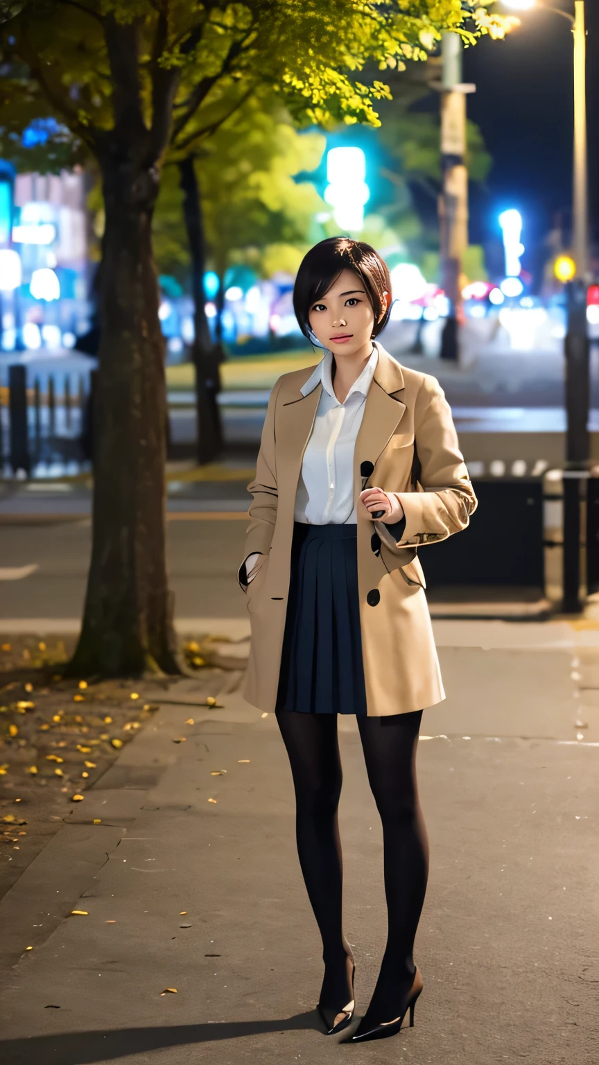high quality,16K:1.1),(Depth of written boundary:1.3) ,Full body photo、smile、Standing woman、smile、Short Haircut、Wearing a coat、shirt、Knee-length skirt、tights、pumps、View your viewers:1.3),(Full Body Shot:1.2),Background is a park at night