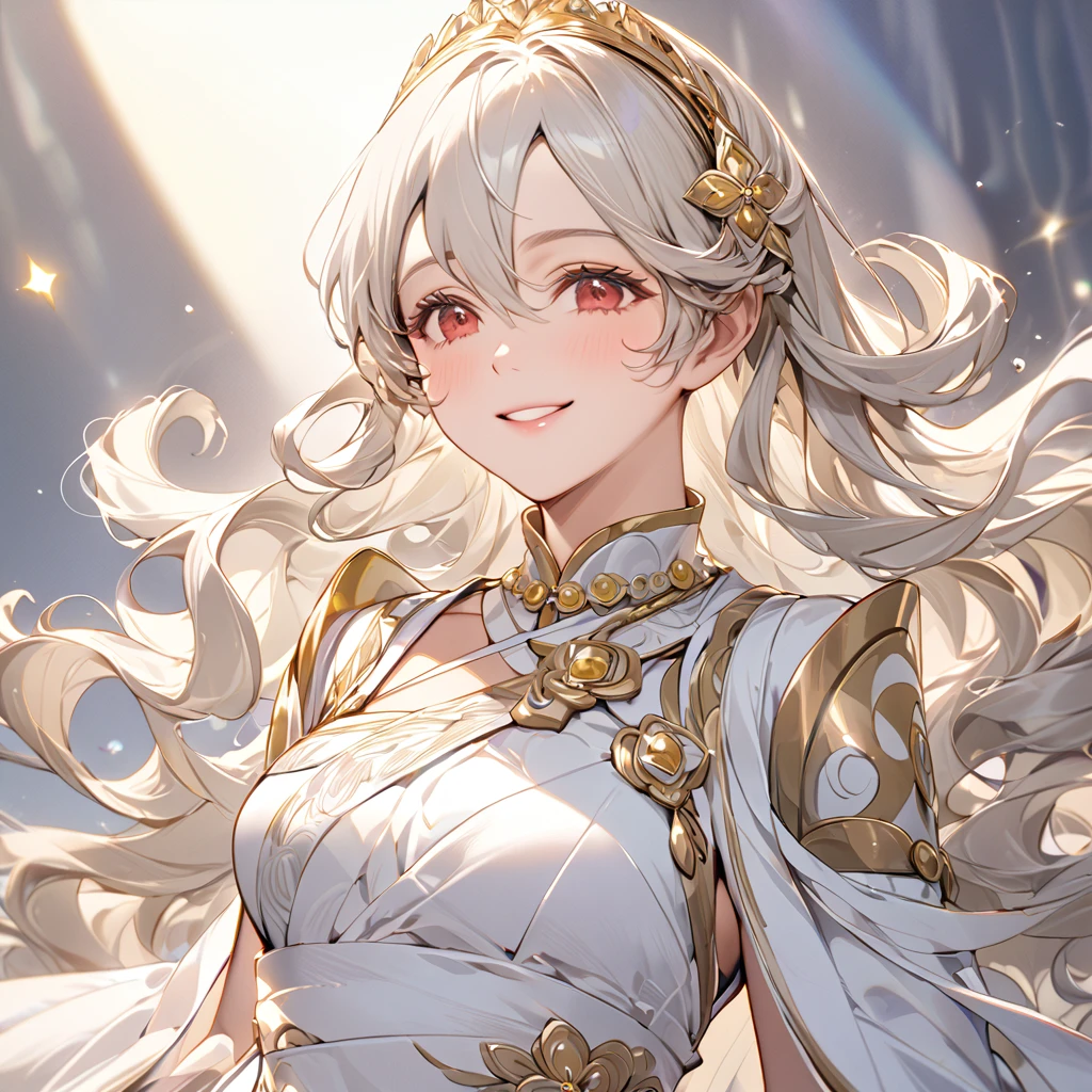 ((Highest quality)), ((masterpiece)), (detailed), (Perfect Face)、The woman is a Kamuy, a beautiful princess of light with medium-long silver hair, wearing a beautiful white dress with luxurious gold embroidery and trim, and is lavishly adorned with jewelry.、The woman is smiling gently