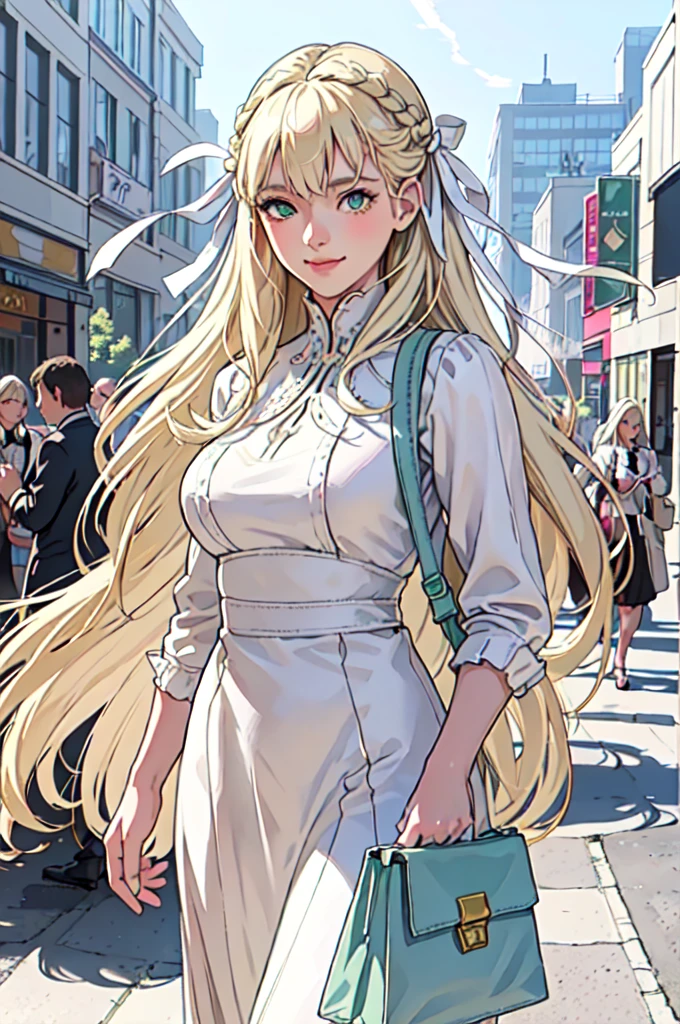 Only one female, (Explore the city), (Stylish clothing) (Fresh clothes), -yeld gi /Braiding,,  Blonde long hair,Green Eyes,  White Hair Ribbon,A kind smile, (Masterpiece Top quality:1.2) Delicate illustrations, super detailed, large breasts break (carrying a designer bag) break (Populated downtown) Outdoor, noon, Crowded, Detailed Background