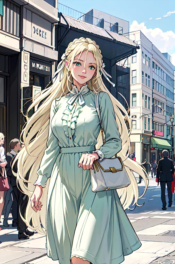 Only one female, (Explore the city), (Stylish clothing) (Fresh clothes), 16-year-old girl, /Braiding,,  Blonde long hair,Green Eyes,  White Hair Ribbon,A kind smile, (Masterpiece Top quality:1.2) Delicate illustrations, super detailed, large breasts break (carrying a designer bag) break (Populated downtown) Outdoor, noon, Crowded, Detailed Background