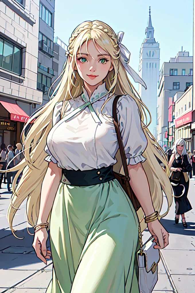 Only one female, (Explore the city), (Stylish clothing) (Fresh clothes), 16-year-old girl, /Braiding,,  Blonde long hair,Green Eyes,  White Hair Ribbon,A kind smile, (Masterpiece Top quality:1.2) Delicate illustrations, super detailed, large breasts break (carrying a designer bag) break (Populated downtown) Outdoor, noon, Crowded, Detailed Background