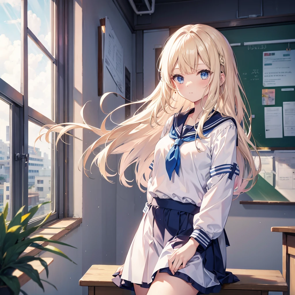 One woman((student,avert your eyes)) background,(classroom,Light shines in) Sailor suit,Letter woman,(Beige Hair,Long hair Blue eyes,Super Shine),Front Anime style,Overall view First person Low angle