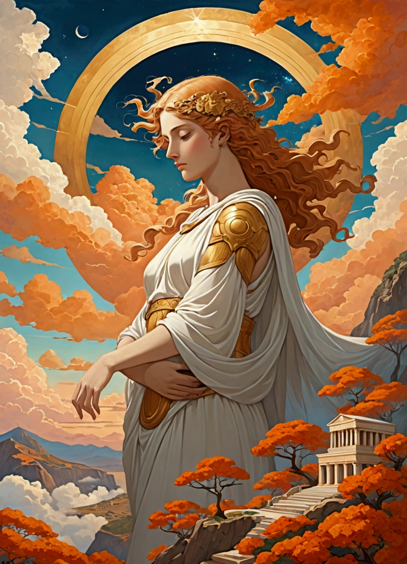 ((Inspired by imeon Solomon )), Cosmic, Angelic being,No emotion, Ancient Greek mythology, eden, Sky mountain view, Orange cloud.