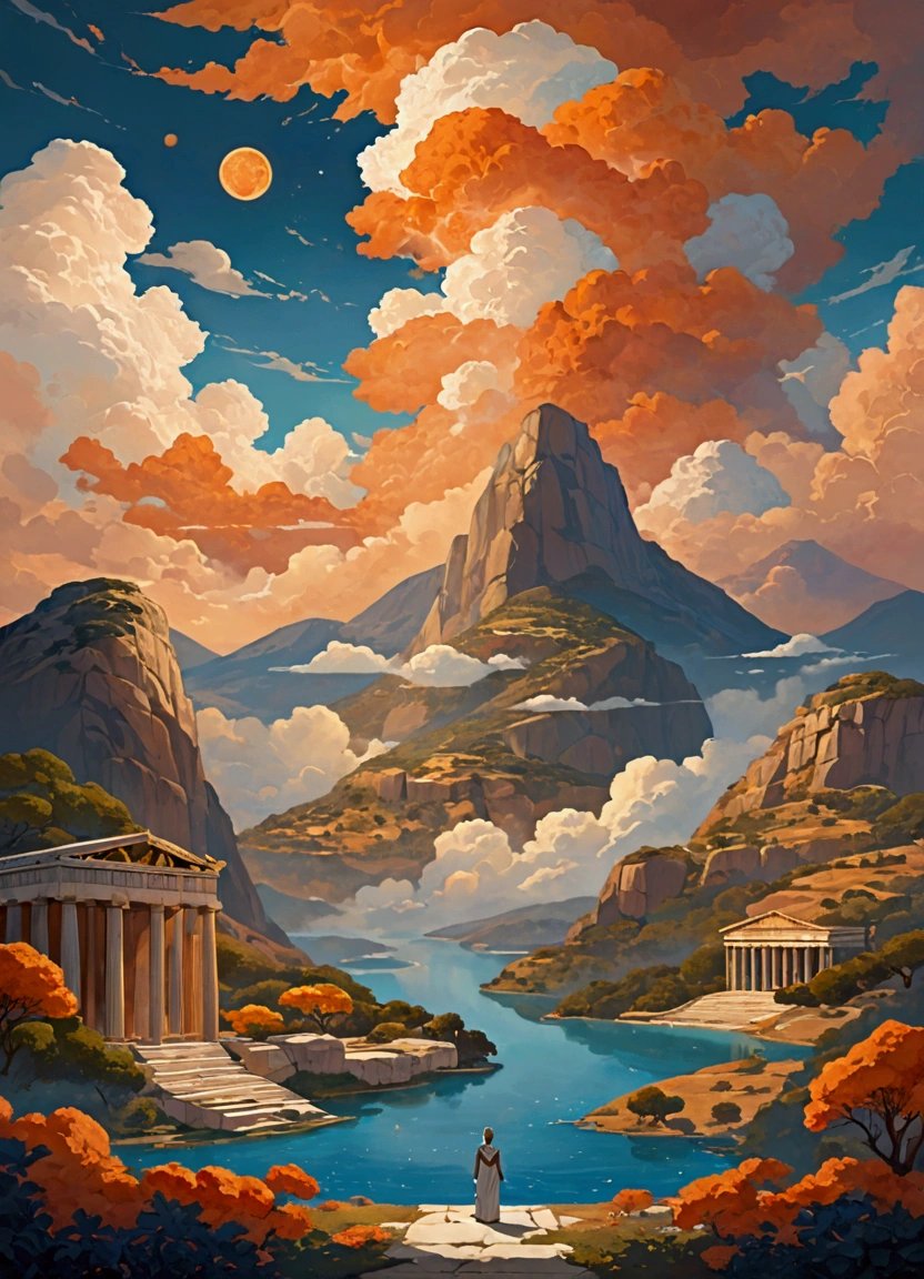 ((Inspired by imeon Solomon )), Cosmic, Angelic being,No emotion, Ancient Greek mythology, eden, Sky mountain view, Orange cloud.