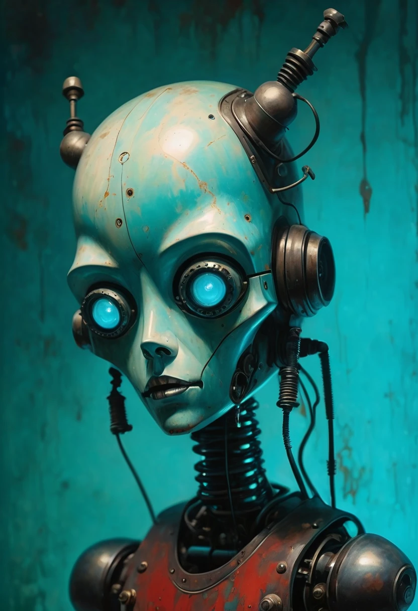 Full length view. Little funny robot, porcelain face and head, big turquoise eyes, perfect eyes, best quality. In the style of Stephen Gammell, Frank Frazetta. Ashley Wood is a masterpiece. Best quality. Beautiful cinematic impressionistic painting, dark scarlet background, chemiluminescence.  fairy background) (Minimalism:1),
original parts. Ideal body anatomy.