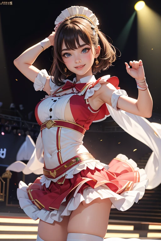 (Highest quality、 8k 、masterpiece、High resolution)、(Dancer)、Full Body Shot、15 year old girl、Idol、cute、Dancing with a smile、Outdoor Stage、AKB48 Costumes、Realistic、Realistic、Official Art、Detailed CG、Professional Lighting、Professional photographer、