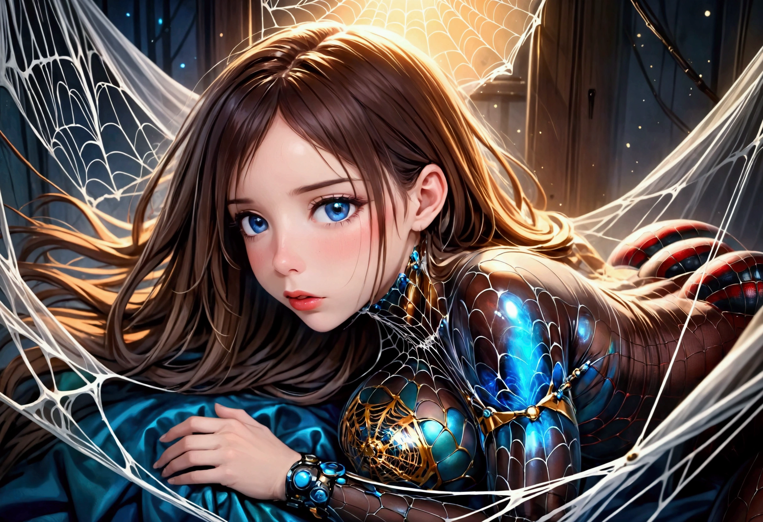 a mechanical spider, a detailed mechanical spider, a spider robot, a spider with intricate metallic limbs, a spider with precise movements, a spider weaving a complex web, a spider web with perfect geometric patterns, a spider web with mesmerizing symmetry, a spider web with incredible detail, a woman in a cocoon, a woman trapped in a silk cocoon, a woman curled up in a spider's web cocoon, a woman with a peaceful expression, a woman with flowing hair, a woman with delicate features, (best quality,4k,8k,highres,masterpiece:1.2),ultra-detailed,(realistic,photorealistic,photo-realistic:1.37),cinematic lighting, dramatic lighting, vibrant colors, intricate details, mechanical precision, organic textures, science fiction, surreal, concept art
