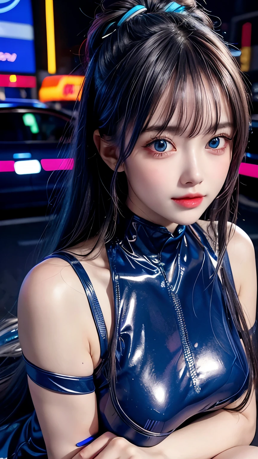 4k ultra hd, masterpiece, high details, a girl, cute face, detailed eyes, long hair, blue neon lights on dress, Cyberpunk blue dress, blue neon lights connected on dress, neon breasts, bare stomach, spreading light, light reflection, light reflection on road, light reflection, everywhere spreading lights, neon lights, sitting, whole body capture,