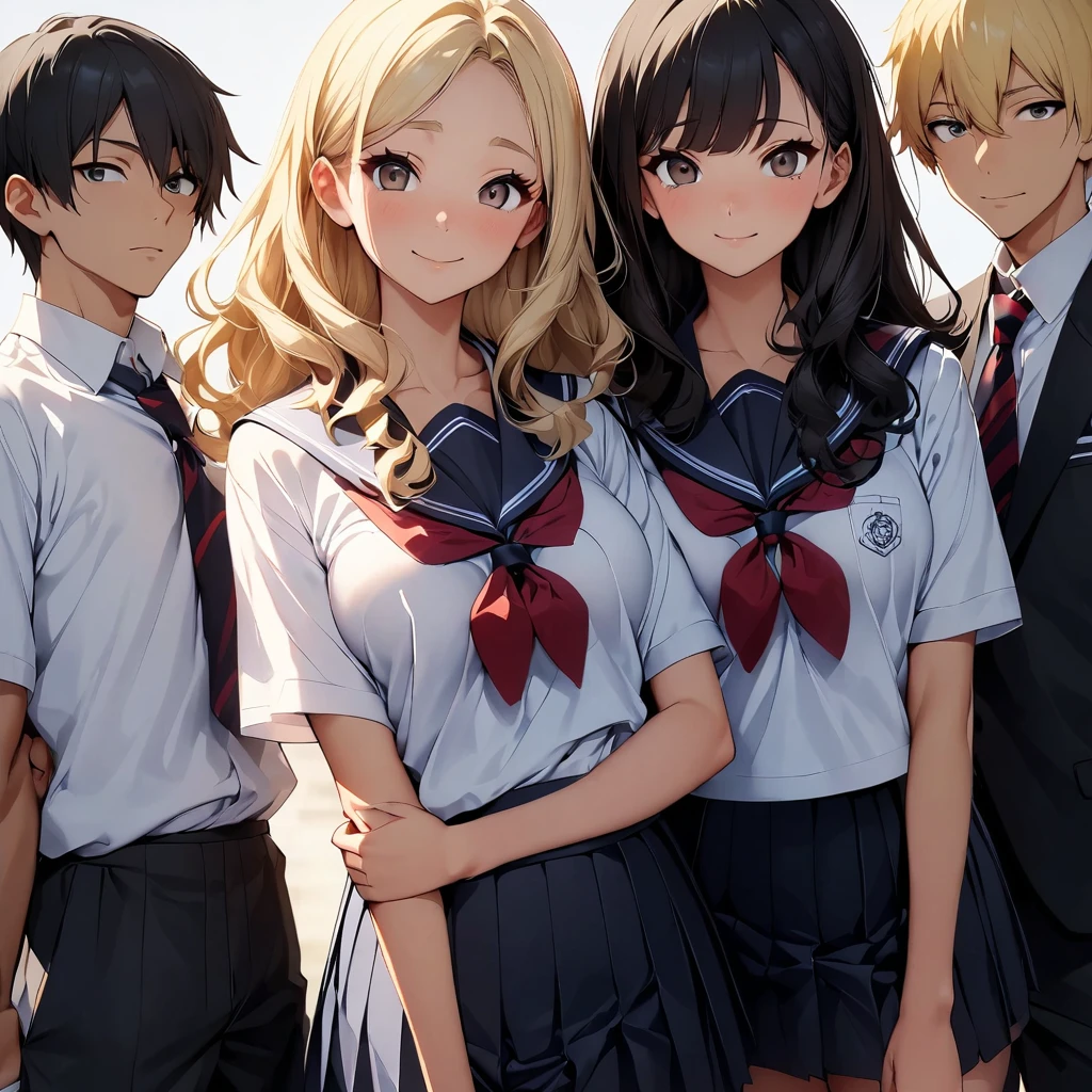 (highest quality:1.2, Very detailed, up to date, Vibrant, Ultra-high resolution, High Contrast, masterpiece:1.2, highest quality, Best aesthetics), anime, whole body, multiple people、(two girls and 1 boy:1.5), (two girls are standing on either side of the boy:1.2), (they are 22-years-old:1.5), wearing high-school uniform, (one girl on the left ((Japanese, 22-years-old, Narrow space between the eyes, Big slant eyes, tsurime:1.5, Small Nose, blonde hair:1, Medium long wavy hair:1.5, very tall:1, medium Breasts, sexy, slim, school uniform) and one boy in center (Japanese, 22-years-old, tall, slim, male, black hair:1, brown eyes) and one girl on the right (Japanese, 22-years-old, Narrow space between the eyes, Big slant eyes, Small Nose, black Hair, short cut, bob cut, medium Breasts, slim, cute, school uniform)), (No background:1.4), ((Plain white background:1.3)), standing side by side apart, look at viewer