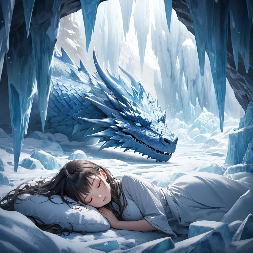 (extreme long shot, side view), BREAK, A frost dragon with 2 wings sleeping in an ice cave, lying down, (((curled to sleep))), eyes closed, ice pillars in the foreground, BREAK, mystical creature, realistic, ultra detailed, moonlit through the ice,